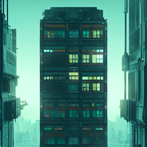 Image similar to One dilapidated building with only one window glowing. ArtStation, Cyberpunk, Vertical Symmetry, 8K, Highly Detailed, Intricate, Album Art.