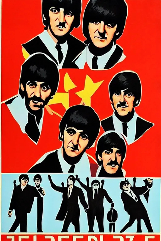 Prompt: the beatles as heroes on a soviet realism style propaganda poster