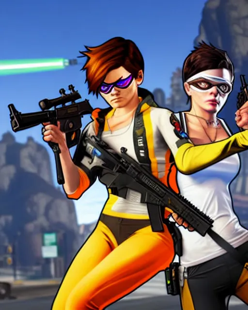 Image similar to gta 5, grand theft auto 5 cover art of tracer from overwatch