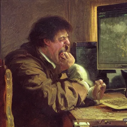 Image similar to an angry man yells at his computer monitor, oil on canvas, 1 8 8 3, highly detailed