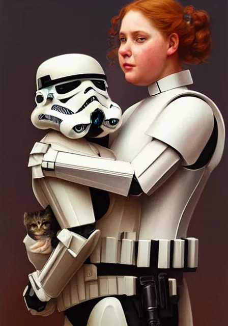 Image similar to a stormtrooper holding a fat ginger cat in his arms, star wars, intricate, elegant, highly detailed, digital painting, artstation, concept art, smooth, sharp focus, illustration, art by artgerm and greg rutkowski and alphonse mucha and william - adolphe bouguereau