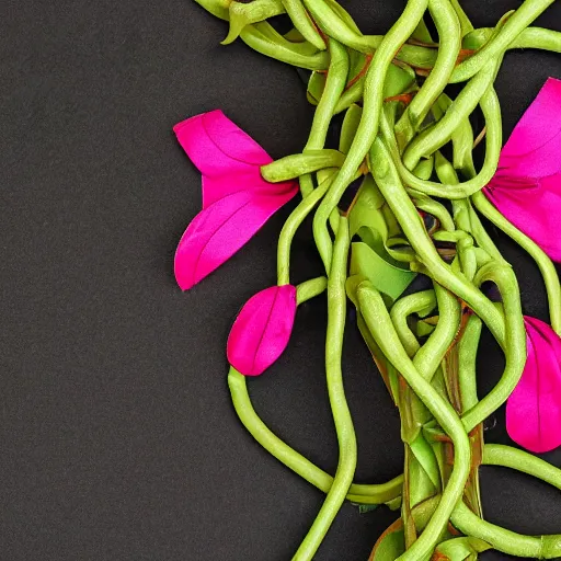 Image similar to studio photograph of a thin green vine creature with vine limbs and a pink blooming flower mouth with many sharp teeth