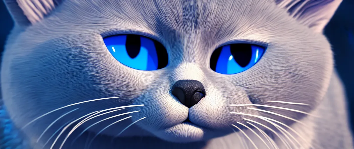 Image similar to hyperrealistic detailed close-up 3d render of a sad cute blue cat with round puppy eyes sharp cinematic lighting vray 8k low angle shallow depth of field