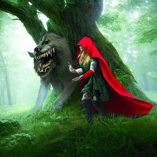 Image similar to portrait of a smirking heavily armed little red riding hood with a cute and beautiful face, getting attacked by a werewolf from behind in a lush green forest, sharp focus, unreal engine 5, digital illustration, volumetric light, highly detailed, intricate, by michael whelan, james gurney, 8 k