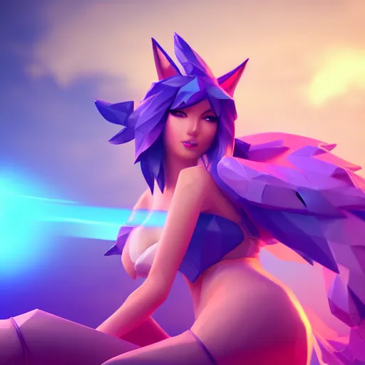 Image similar to low poly simple art of Ahri from league of legends, 8k resolution, high detail, ULTRA REALISTIC VFX, reflections, post processing