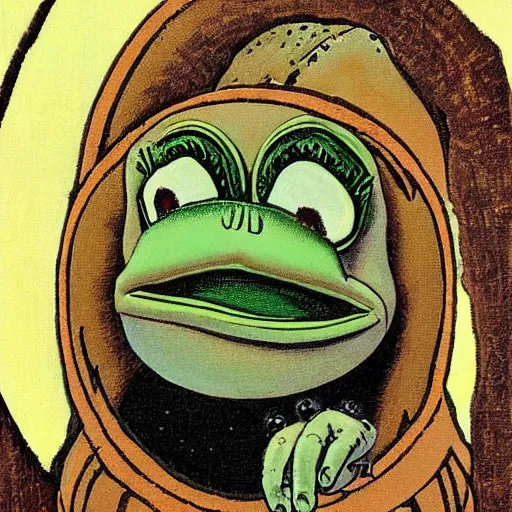 Image similar to pepe the frog gazing at the moon by norman rockwell