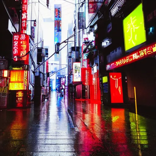Prompt: cyberpunk Tokyo rainy street, bright neon lights, photorealistic