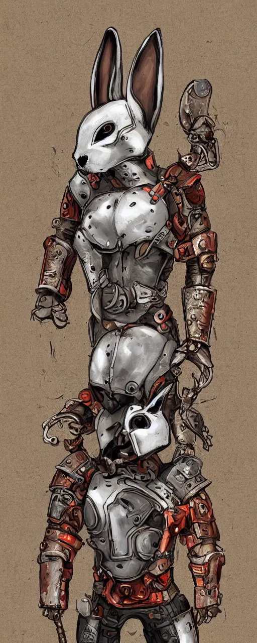 Prompt: rabbit with skull head with cyber armor in an old rusty town, digital painting