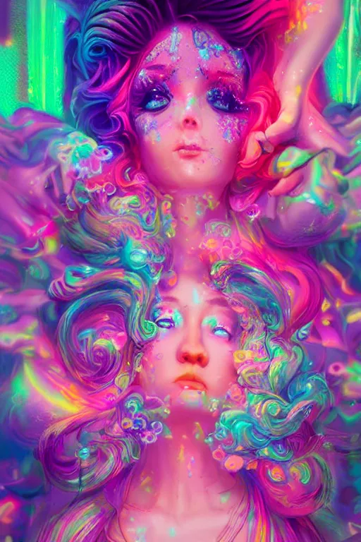 Prompt: a beautiful princess engulfed in colorful liquid clouds and neon smoke, extremely psychedelic experience, psilocybin, lsd, dmt, face, highly detailed, artstation, concept art,, sharp focus, digital art by hana yata, and artem demura and beeple, lisa frank, cyberpunk, octane render, unreal engine, 8 k