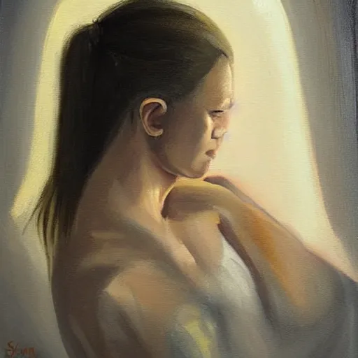 Prompt: nighttime!!! oil painting of a beautiful sweaty!! young woman with insomnia in her bed, a dark!!! room lit dramatically from the side by diffuse moonlight through a black window, white sheets and white nightgown, backlit glow, beautiful, cool palette, art by sam yang