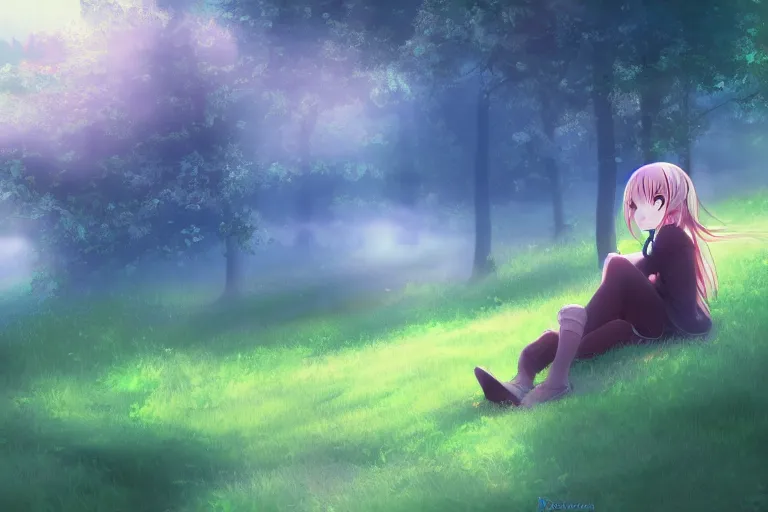 Image similar to a beautiful anime girl sitting in the forest, clouds, green lighting, misty, foggy, early morning, digital art,