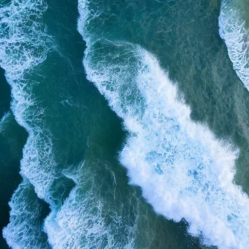 Image similar to waves hitting a cliff, beautiful ambient light, top down drone shot, 8k