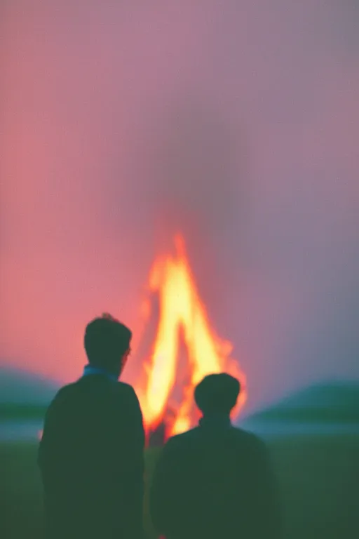 Image similar to agfa vista 4 0 0 photograph of a guy on fire standing in a field, back view, synth vibe, vaporwave colors, lens flare, moody lighting, moody vibe, telephoto, 9 0 s vibe, blurry background, grain, tranquil, calm, faded!,