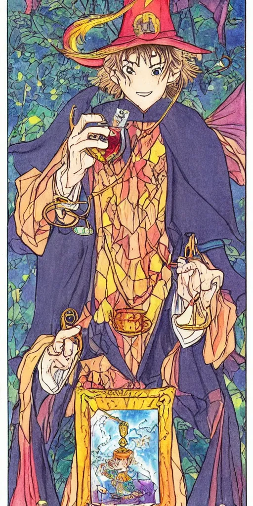 Image similar to a mystical man with a goblet on the table, wizard hat, drawn by Naoko Takeuchi, impressive line work, tarot card. tarot card the magician,