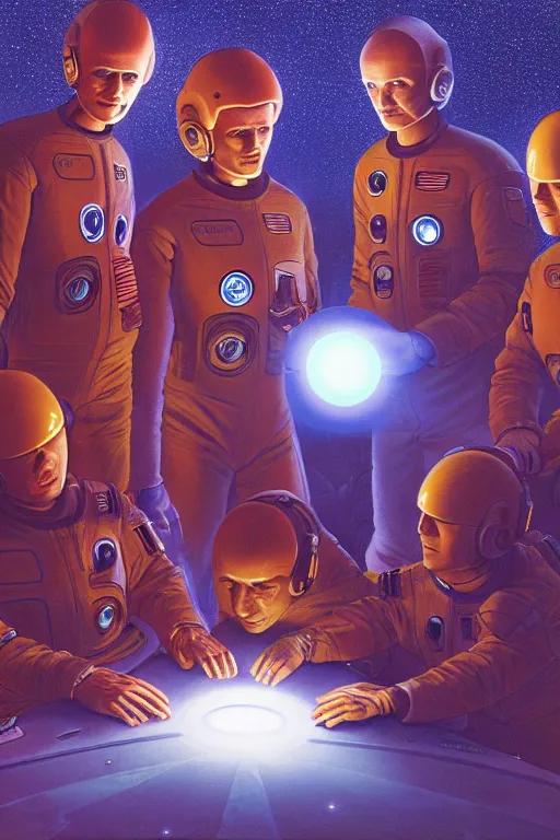 Image similar to an illustration of the crew of a spaceship are huddled over a glowing console, by barclay shaw