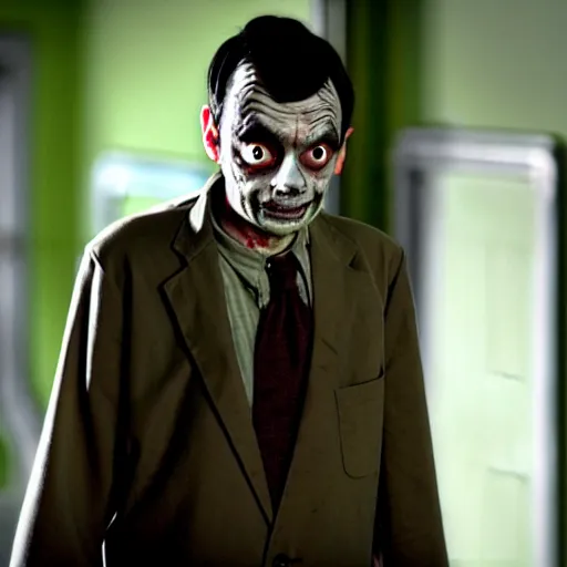 Image similar to mr. bean as zombie in the walking dead. movie still. cinematic lighting.