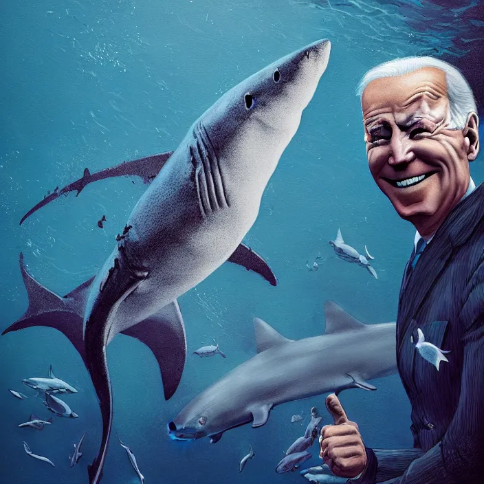 Image similar to portrait of joe biden as a shark. intricate abstract. intricate artwork. by tooth wu, wlop, beeple, dan mumford. octane render, trending on artstation, greg rutkowski very coherent symmetrical artwork. cinematic, hyper realism, high detail, octane render, 8 k, iridescent accents