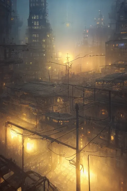 Prompt: a highly detailed matte painting of a soviet steampunk industrial zone in fog at night by studio ghibli, makoto shinkai, by artgerm, by wlop, by greg rutkowski, volumetric lighting, octane render, 4 k resolution, trending on artstation, masterpiece