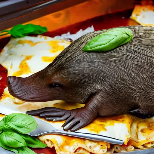 Image similar to platypus wearing a chef hat while putting a lasagna in an oven, with three basil leaves over the lasagna