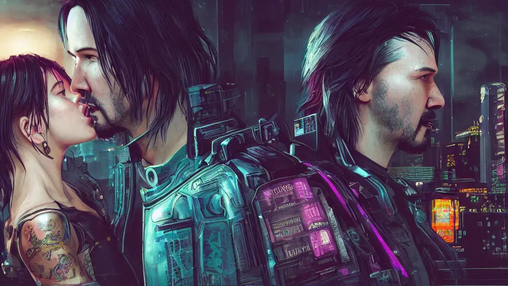 Image similar to a cyberpunk 2077 srcreenshot couple portrait of Keanu Reeves and a female android final kissed in night city,love,romantic,film lighting,by Lawrence Alma-Tadema,Andrei Riabovitchev,Laurie Greasley,Dan Mumford,John Wick,Speed,Replicas,artstation,deviantart,FAN ART,full of color,intricate,concept art,smooth,elegant,Digital painting,illustration,sharp focus,face enhance,highly detailed,8K,octane,golden ratio,cinematic lighting