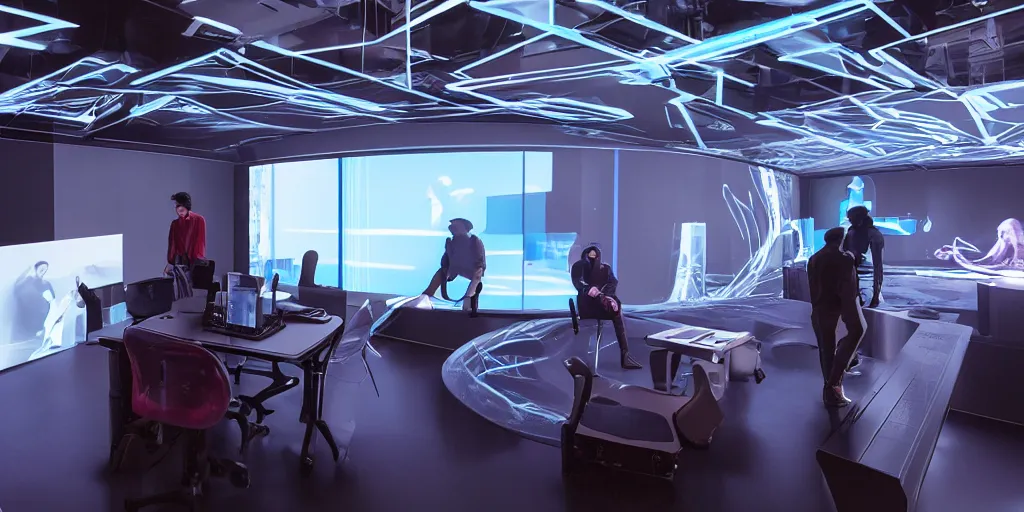 Image similar to stunning futuristic AI lab, projection screens, immersive graphics, holograms, dark room, people using HoloLens