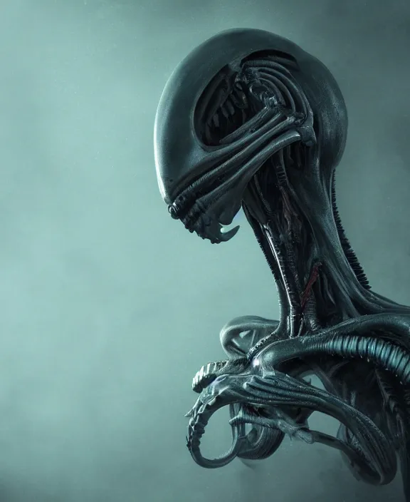 Image similar to xenomorph hugging pale sad beauty merging, dark mist colors, giger background liminal void, digital art, cinematic lighting, realistic, award winning photograph, various refining methods, micro macro autofocus