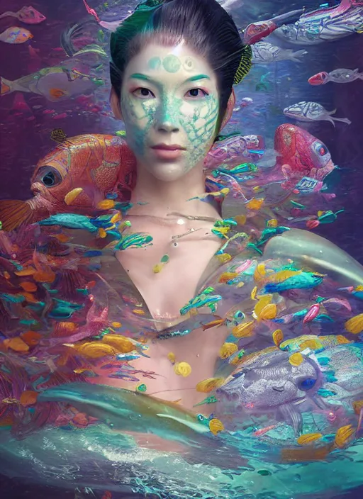 Prompt: portrait of a futuristic geisha cyborg in the ocean surrounded by little colorful fish, modern fine art, fractal, intricate, elegant, highly detailed, digital photography, subsurface scattering, by jheronimus bosch and greg rutkowski,