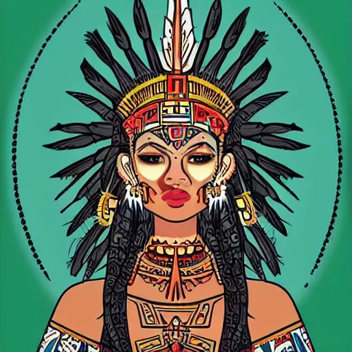 Image similar to character design, aztec warrior goddess with beautiful woman face, crown of very long feathers, full body, glowing aztec tattoos, beautiful,