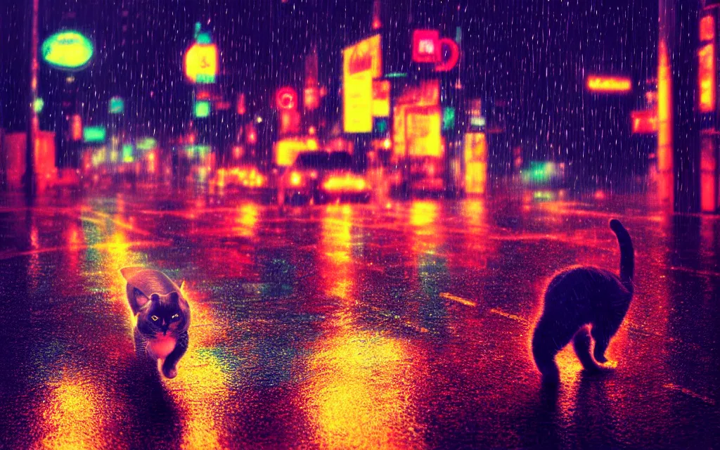 Image similar to cat running through heavy rain in a neon lit street at night by wlop, ultra detailed color art, high detail, digital art