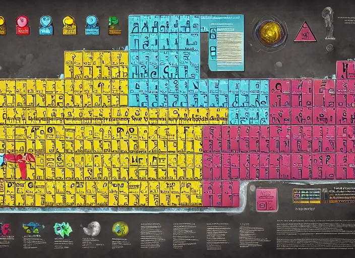 Prompt: Poster of a crazy periodic table from a different universe in the style of portal2, digital art, astonishing great details, award winning, high res
