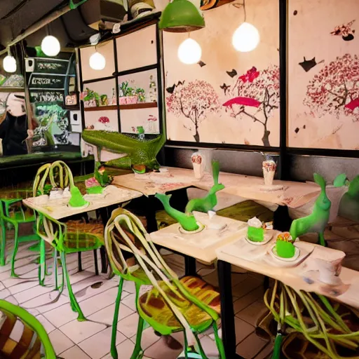 Image similar to cute frog themed cafe, japanese cafe photography,