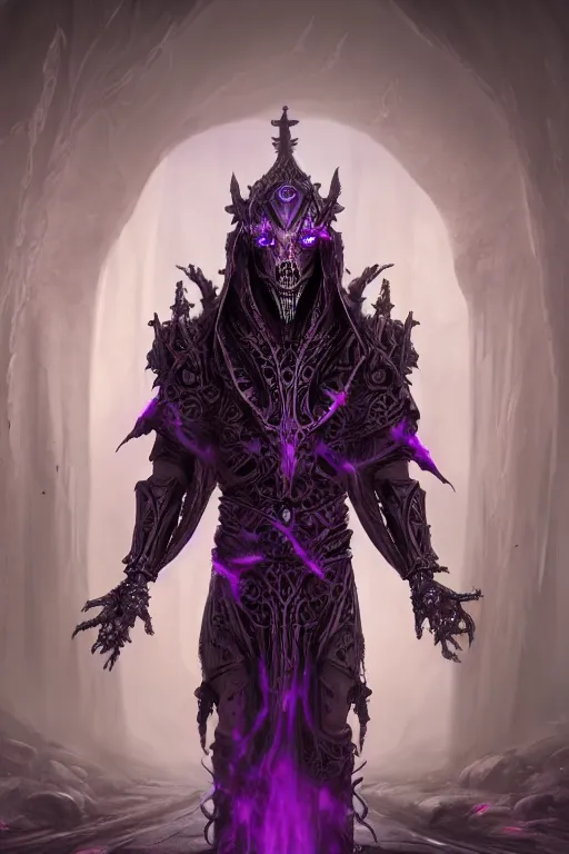 Prompt: high intricate game character and environment design, ( ( biomechanical ) ) archanist covered in otherworldly dreamy purple magic, tattered!!! robe and hood, stone pathway, scary, arrogant, hostile, unreal engine, octane render, 2 0 0 px, 8 k, wide angle