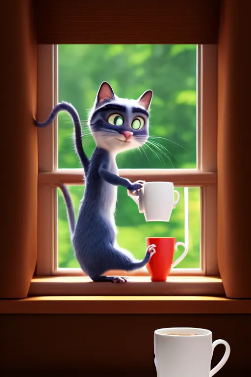 Image similar to happy cat holding one cup of coffee at house window. Pixar Disney 4K 3d render funny animation movie Oscar winning trending on ArtStation and Behance. Ratatouille style.