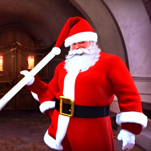 Image similar to high quality photo of santa claus with a candy cane sword, movie still, cinematic, 8 k, unreal engine, 3 d render