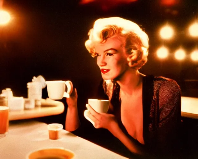 Image similar to A close-up, color cinema film still of a marlin monroe drinking coffee at a starbucks, ambient lighting at night.