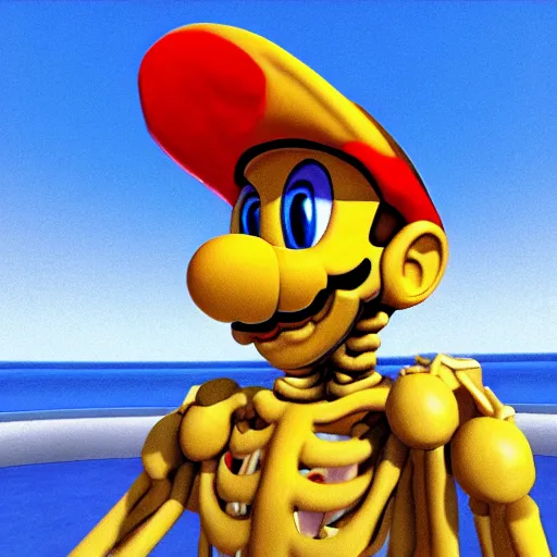 Prompt: A skeleton in the game Super Mario 64, hyperrealism