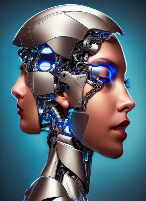 Prompt: portrait of a cyborg woman who turns her head to the (((((right+20))))) left+350 (((((up))))) (((((down))))) by Artgerm,eyes closed , biomechanical, hyper detailled, trending on artstation