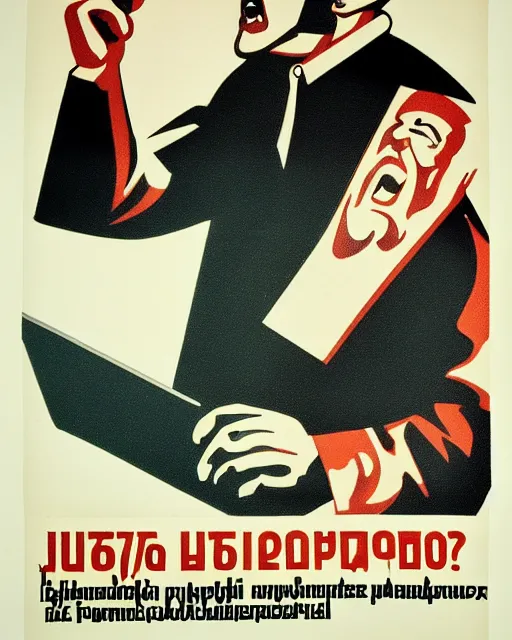 Image similar to soviet propaganda poster of an angry communist developer yelling at his computer