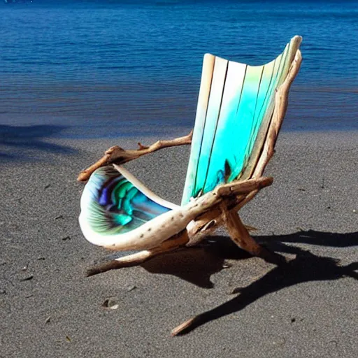 Image similar to “beach chair made of large abalone shell, driftwood, 35 mm product photo”