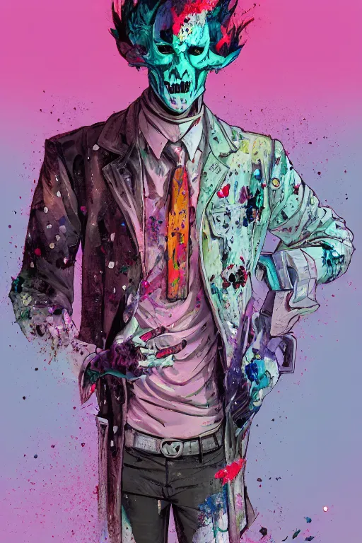 Prompt: wealthy male half necromancer, made of white gucci fabric, pixiv fanbox, dramatic lighting, maximalist pastel color palette, splatter paint, pixar and disney exploded - view drawing, graphic novel by fiona staples and dustin nguyen, peter elson, alan bean, wangechi mutu, clean cel shaded vector art, trending on artstation