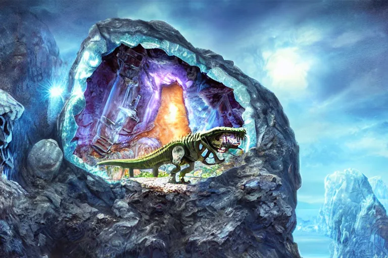 Image similar to dinosaur skeleton in a crystal geode ((in a crystal geode))(((in a crystal geode))), matte-painting