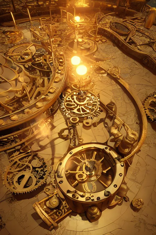 Image similar to steampunk clockwork maze of ivory and gold, volumetric lighting, ray tracing, smoke, octane render, bokeh, artstation