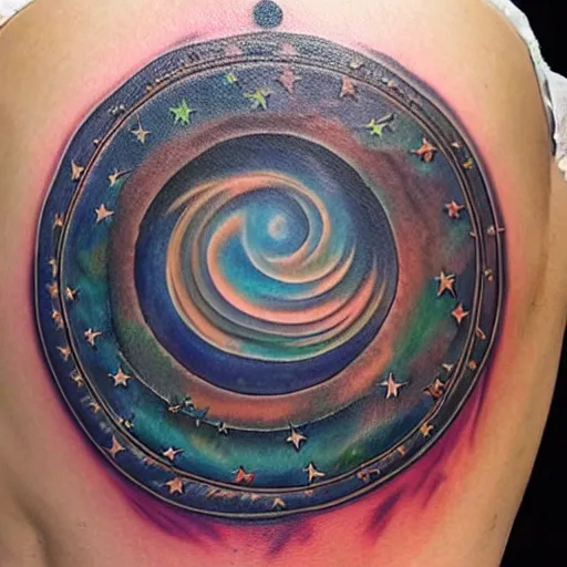 Prompt: a circular frame with stars and swirls, a tattoo by Kamāl ud-Dīn Behzād, reddit, incoherents, tattoo, quantum wavetracing, d&d