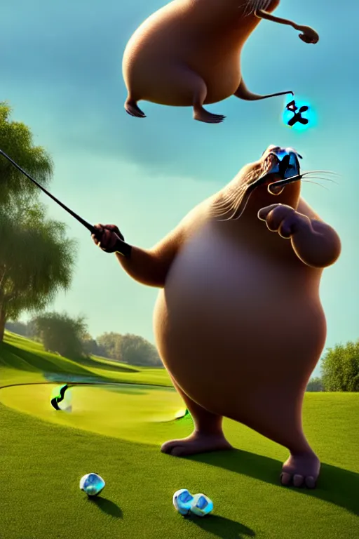 Image similar to pixar walrus playing golf | glamorous oily soft polished rich ornate modern | weta disney pixar movie still photo | hi - fructose, sci fi fantasy, smooth, octane render, sharp focus, artstation, concept art | artgerm, mucha, rutkowski, feng zhu, wlop, loish