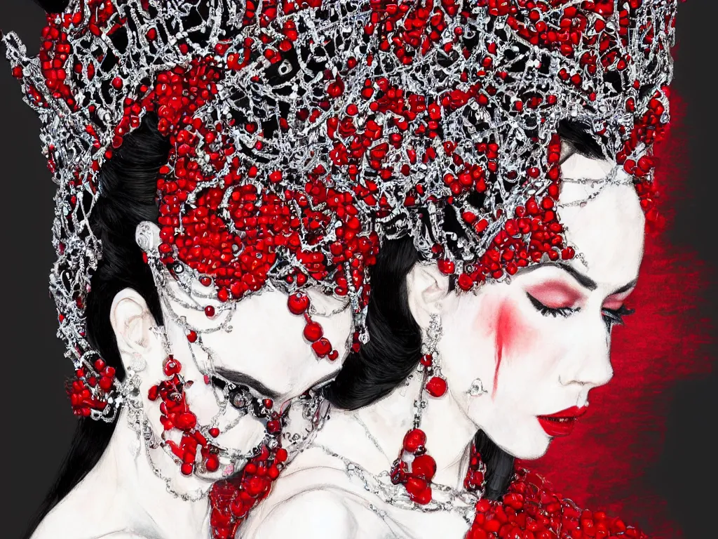 Prompt: a woman with dark eye shadow, white skin, red lips, slick black hair slicked back, an intricate crown of beads hanging over her eyes in the style of the Cell, artstation trending, painterly, Alexander mcqueen, red dress with high collar, flat illustration