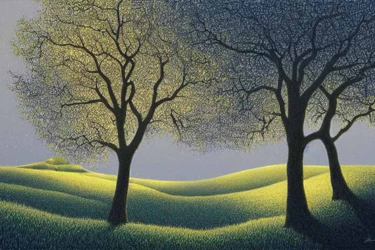 Image similar to masterpiece painting of oak trees on a hillside overlooking a creek, dramatic lighting, by annie ovenden