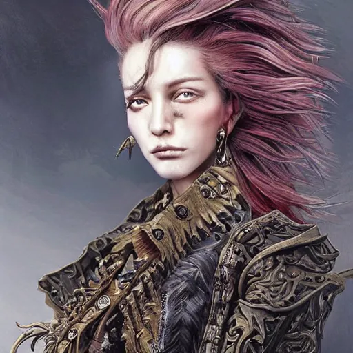 Image similar to portrait, headshot, insanely nice hair style, dramatic hair color, digital painting, of a old 17th century, old cyborg merchant, amber jewels, baroque, ornate clothing, scifi, realistic, hyperdetailed, chiaroscuro, concept art, art by Franz Hals and Jon Foster and Ayami Kojima and Amano and Karol Bak,