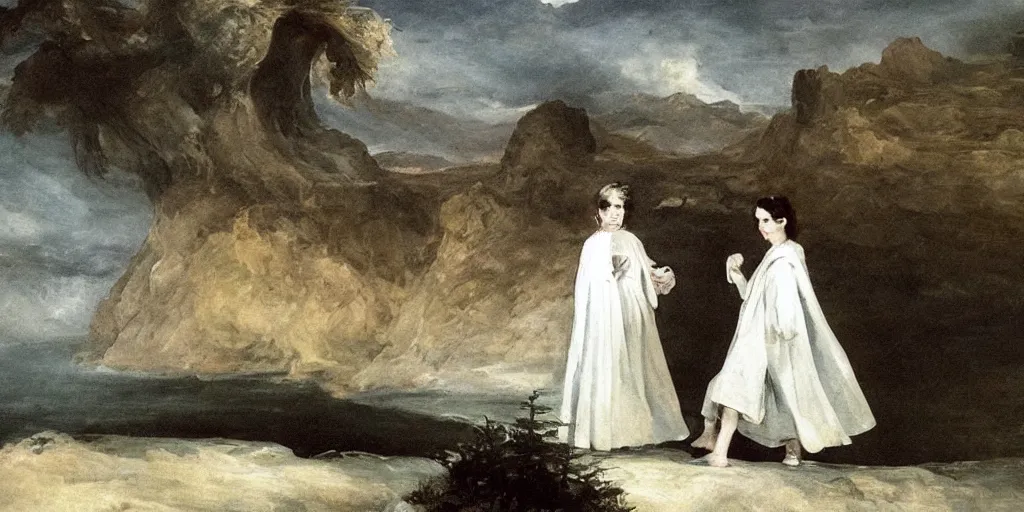 Prompt: hyperrealismBaptism on the river girls in white capes and death angels landscape in style of Goya