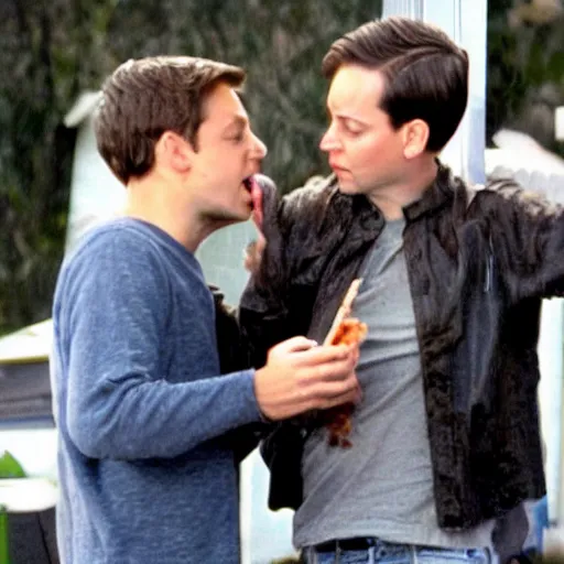 Image similar to tobey maguire kissing tobey maguire, kinda wet and sloppy, drooling, while eating messy greasy pizza