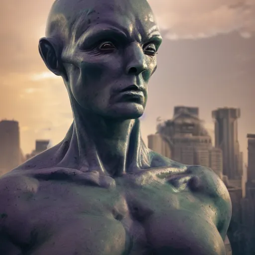 Prompt: a hyper real comic book style portait painting of a stone statue of an alien in a futuristic city in the background, unreal 5, hyperrealistic, octane render, cosplay, rpg portrait, dynamic lighting